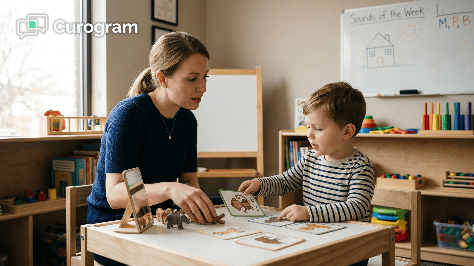 Pediatric speech therapist working with young child during scheduled therapy session