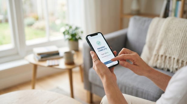 Close-up of hands completing a mental health payment on a smartphone
