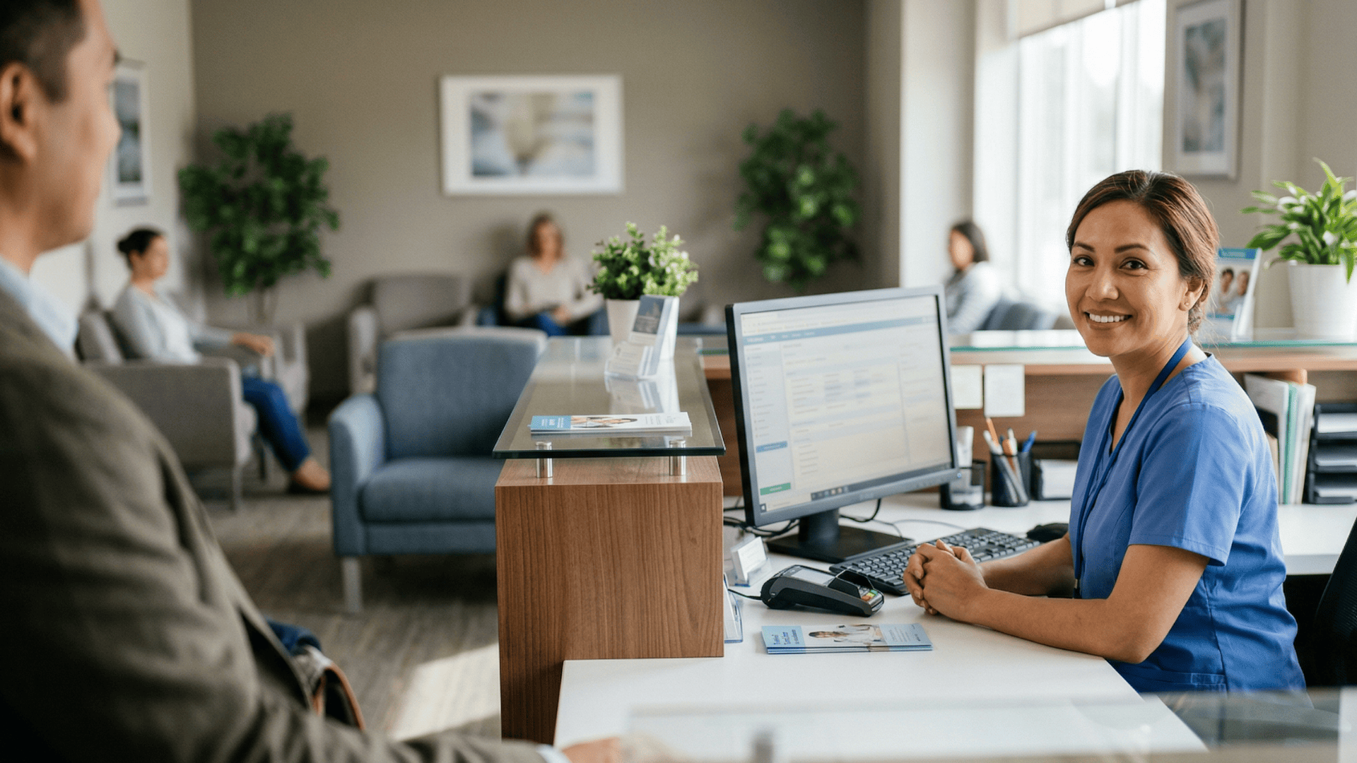 Patient checking in at a medical office front desk with attentive staff