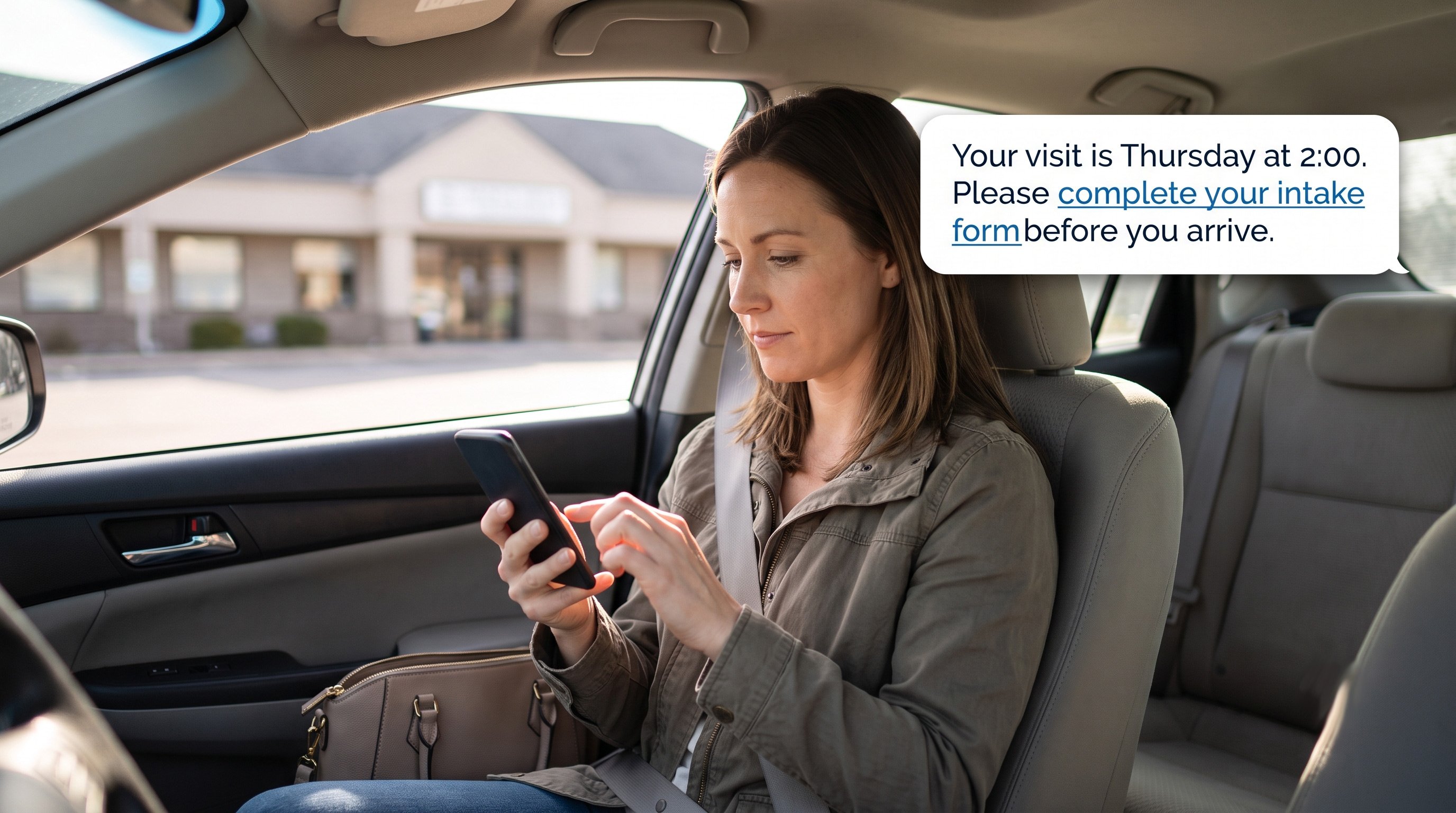 Woman in car viewing a text link to complete her patient intake form before appointment