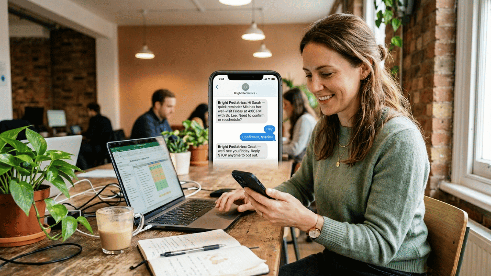 Working mom confirming her child's pediatric appointment via two-way HIPAA-compliant texting.