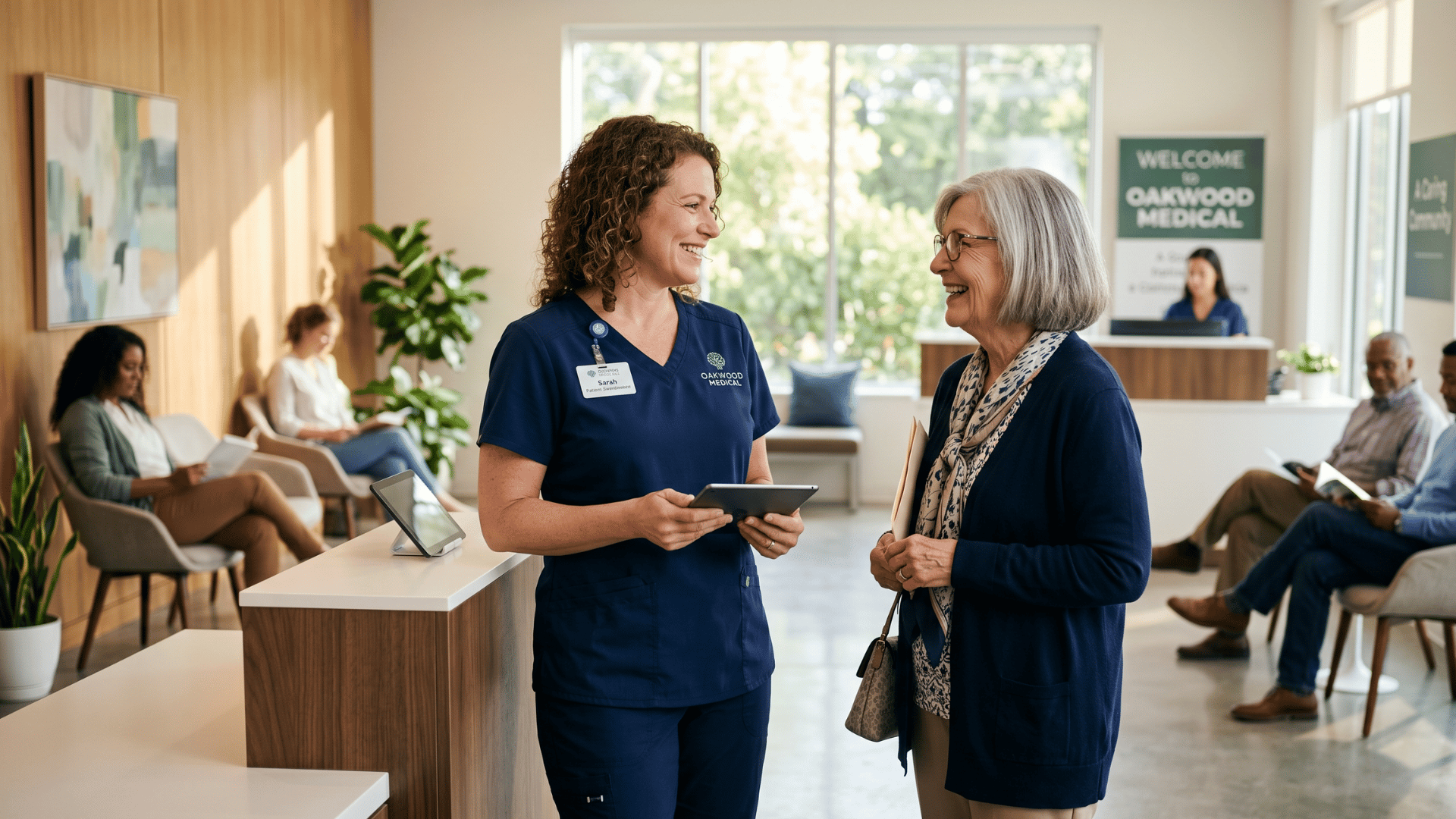 Clinic staff member assisting a patient face to face in a bright reception area