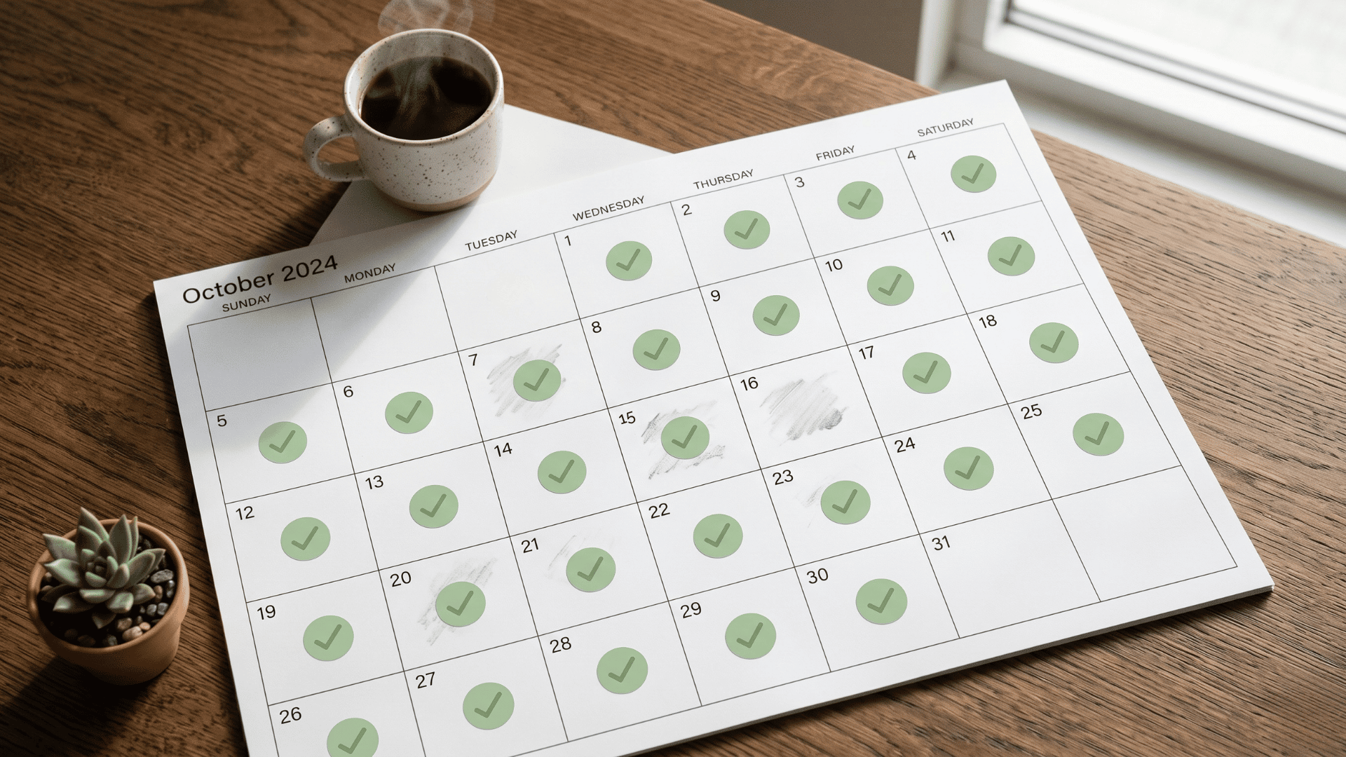 Overhead view of a monthly calendar showing confirmed specialty practice appointments after no-show recovery.