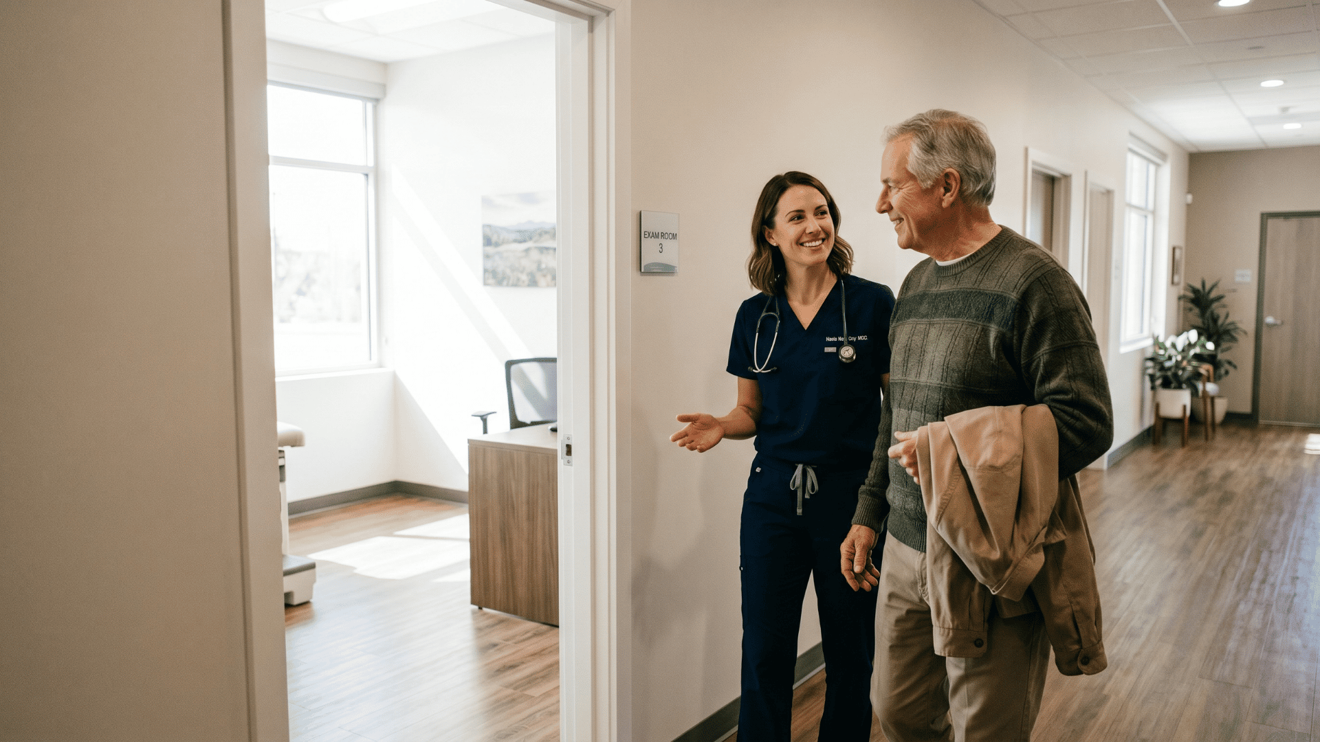 Clinician warmly greeting a patient who confirmed their CharmHealth visit by text
