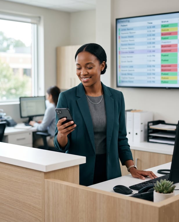 Medical office receptionist smiling at phone behind modern front desk