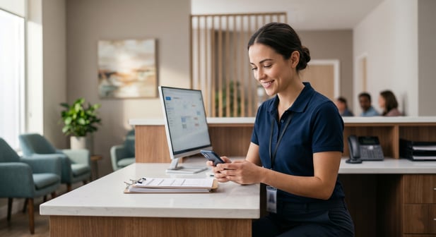 Smiling medical receptionist looking at a smartphone at a clean, modern front desk