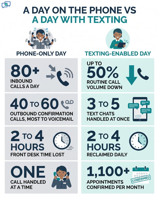 Infographic comparing phone vs. texting for business reception efficiency metrics
