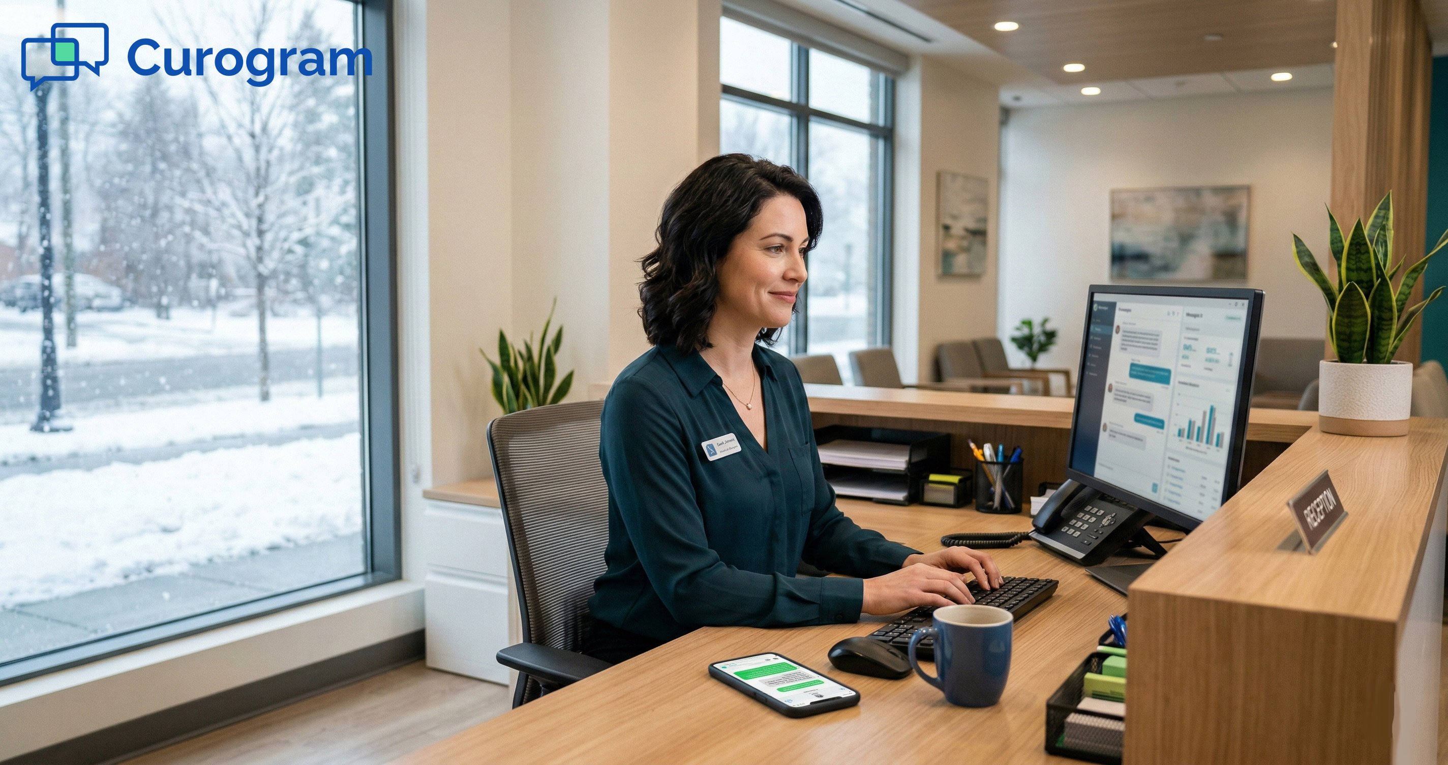 Clinic manager calmly managing a communication dashboard while it snows outside