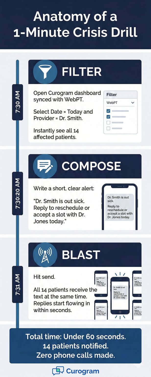 Infographic detailing a three-step crisis drill workflow for rapid patient communication