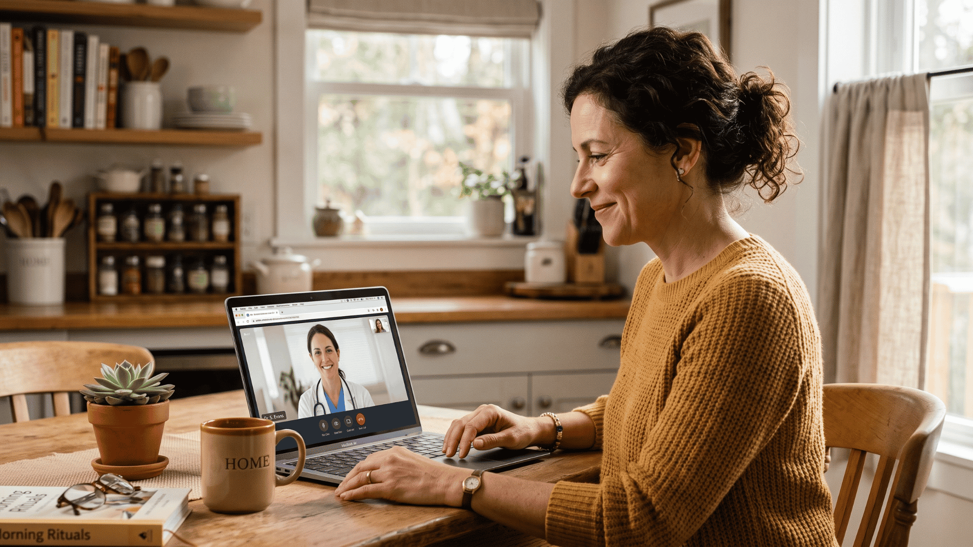 Patient joining an eClinicalWorks video follow-up from a laptop at home, no app needed