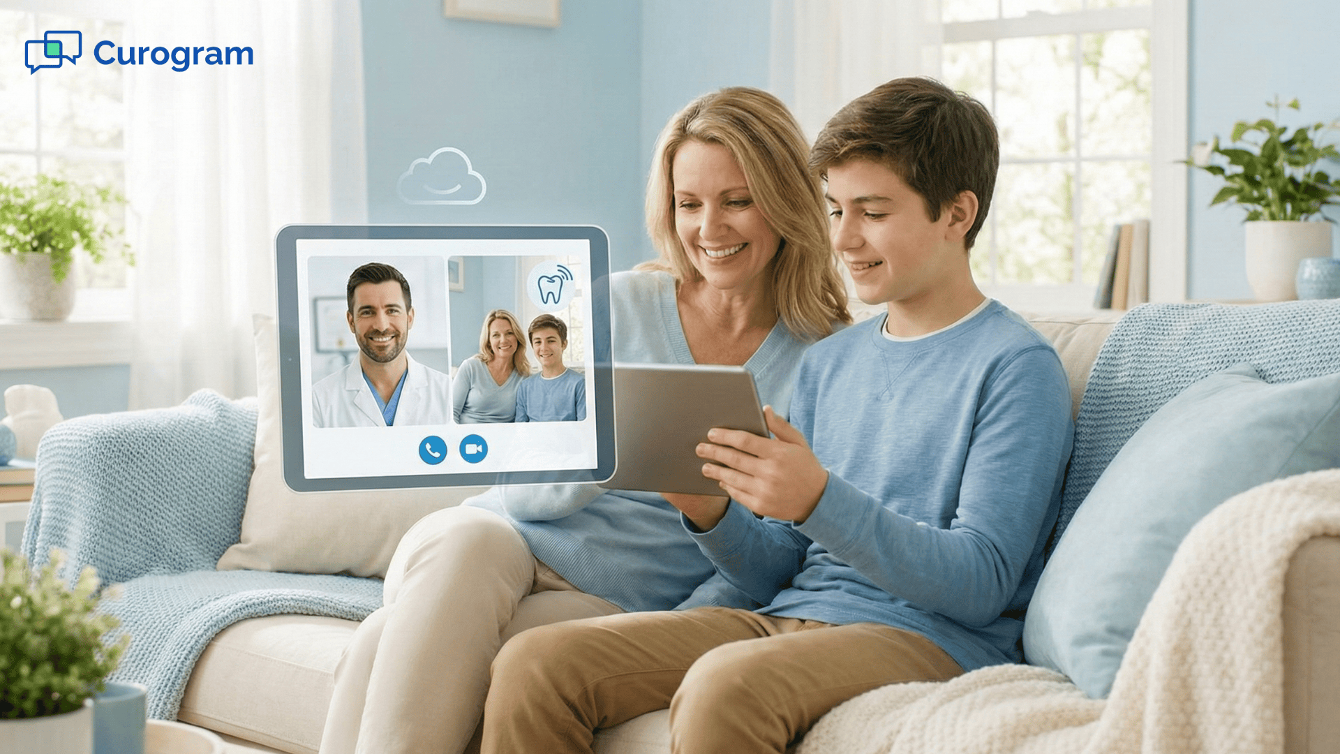 Parent and teen joining a virtual orthodontic consult on a tablet at home, showing a Cloud 9 telehealth-style video interface used for virtual visits.