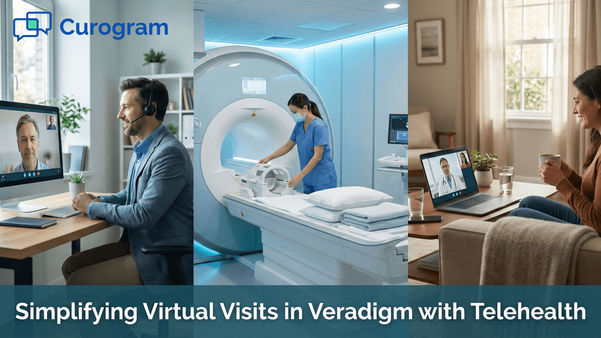 Telehealth consultations connecting radiologist, MRI scan, and patient at home