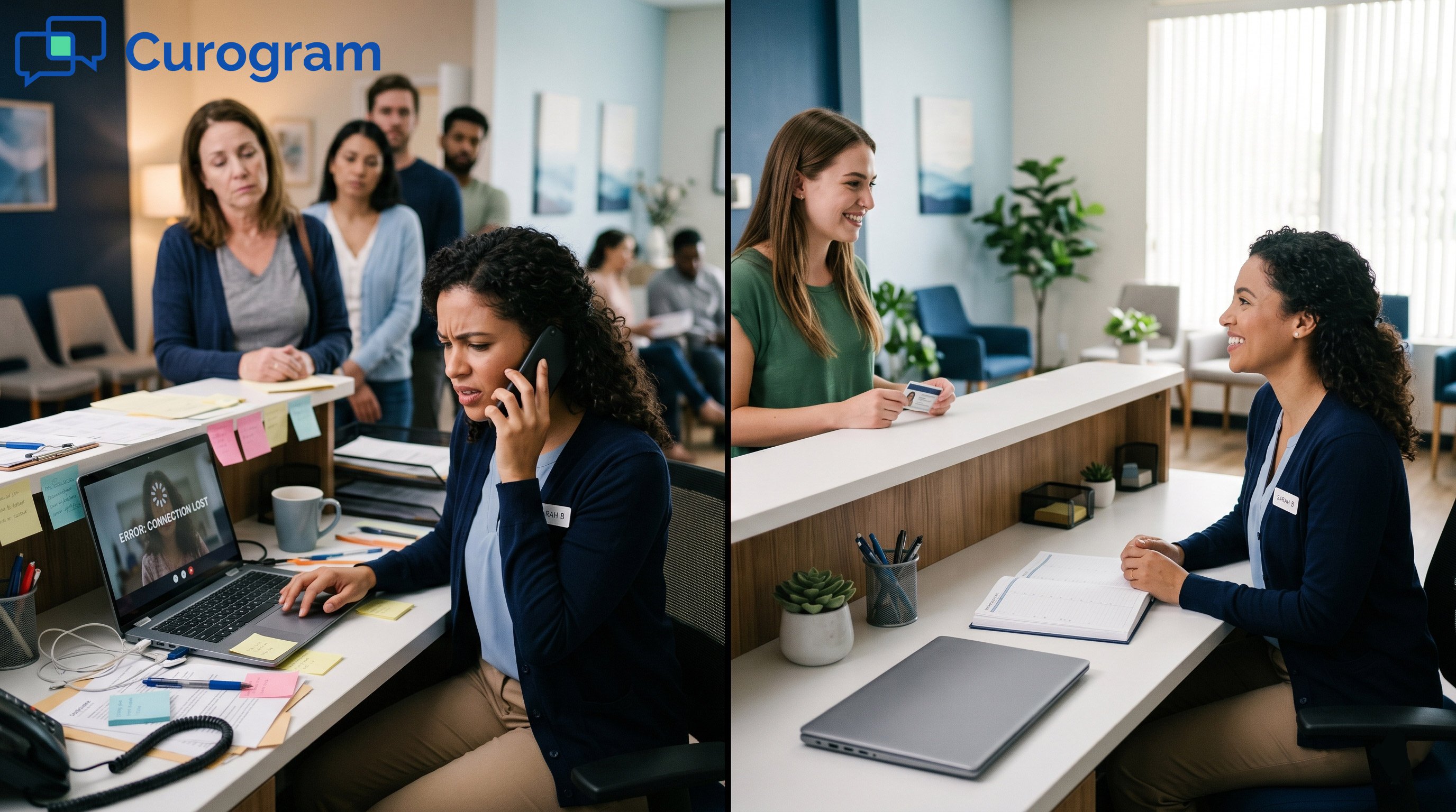 Split screen: frazzled front desk staff with a line forming vs. calm staff talking with a patient