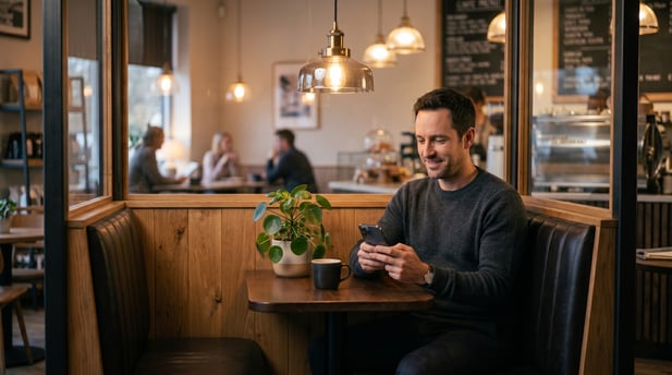 Man in a coffee shop scrolling on his smartphone