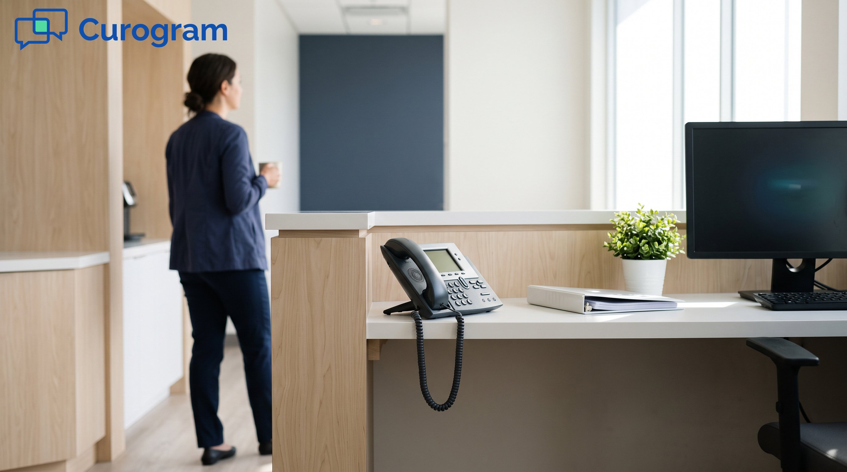 Quiet clinic front desk showing an undisturbed telephone and closed appointment binder