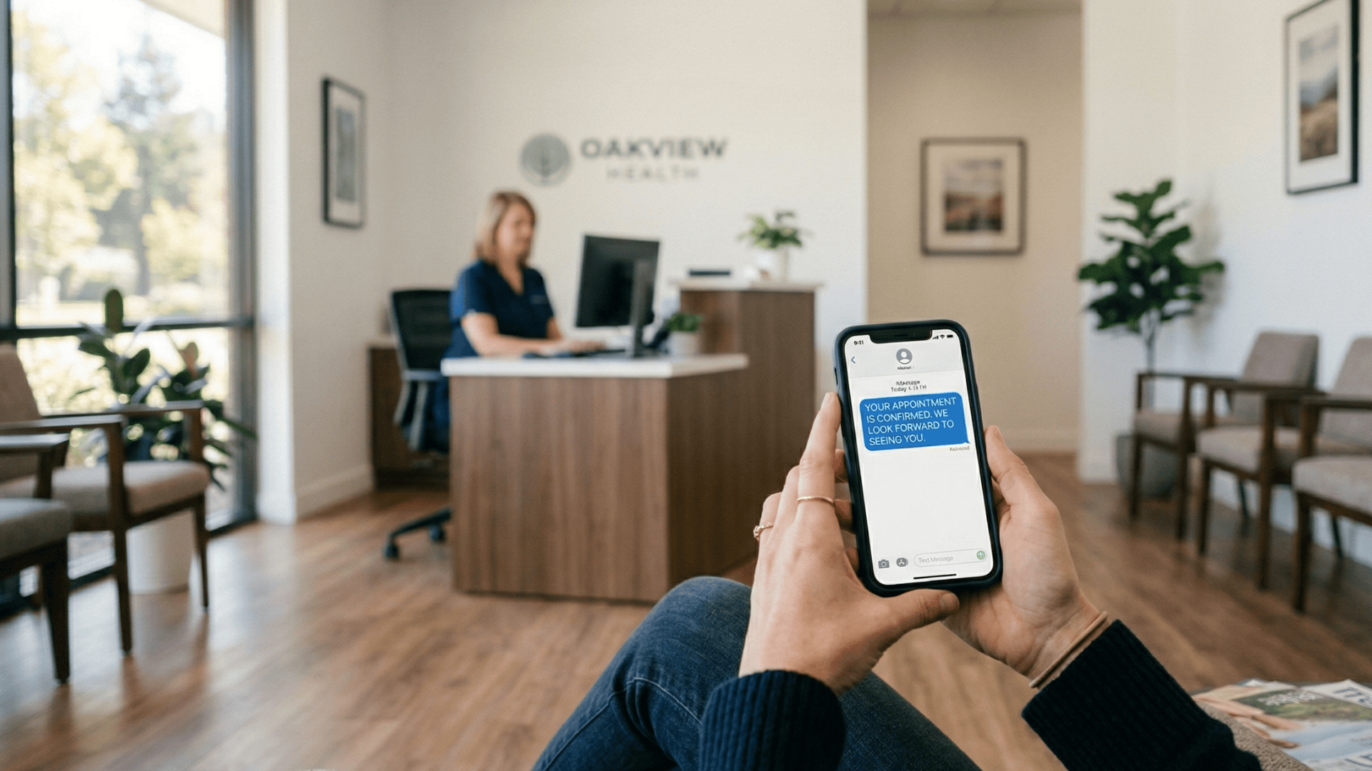Patient reading appointment reminder text in a clinic waiting room