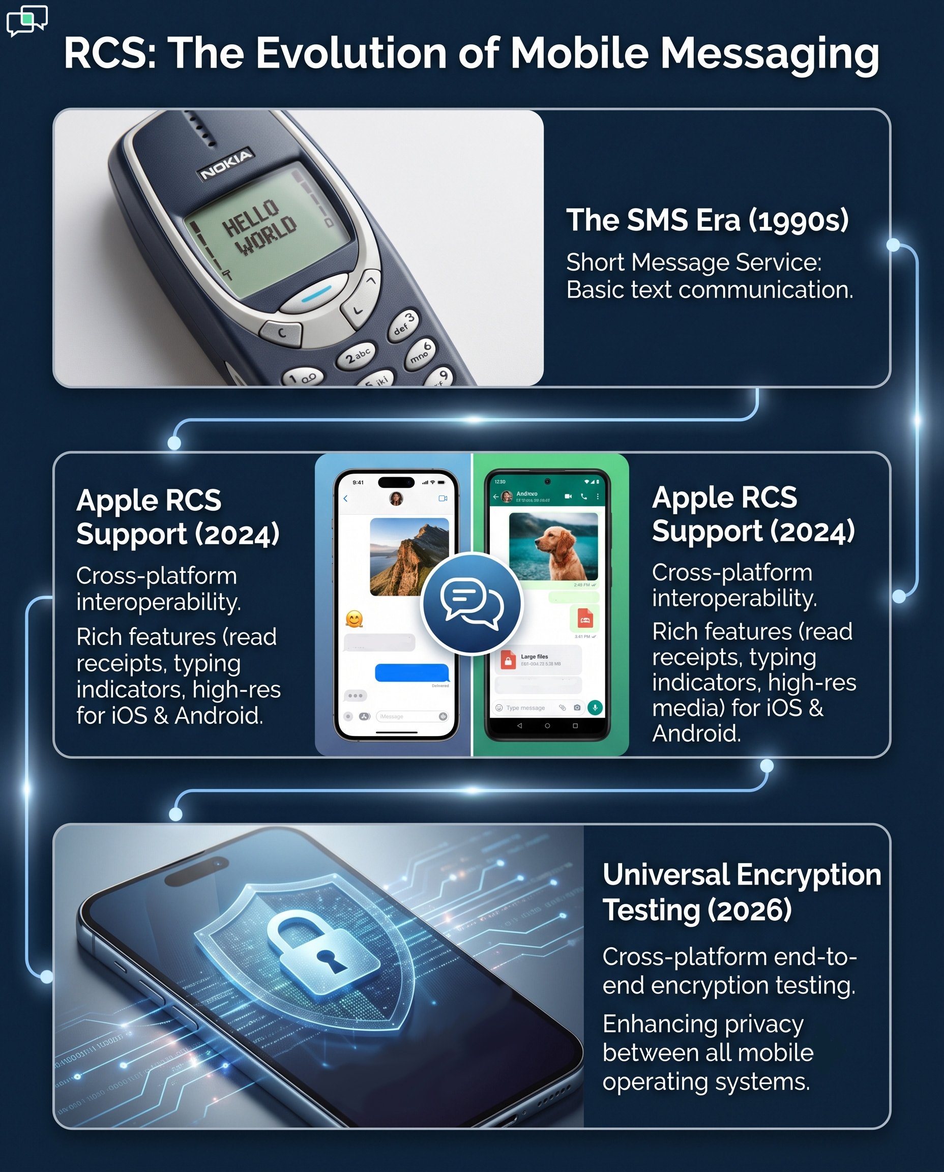 Infographic illustrating RCS evolution from SMS to secure, rich media messaging
