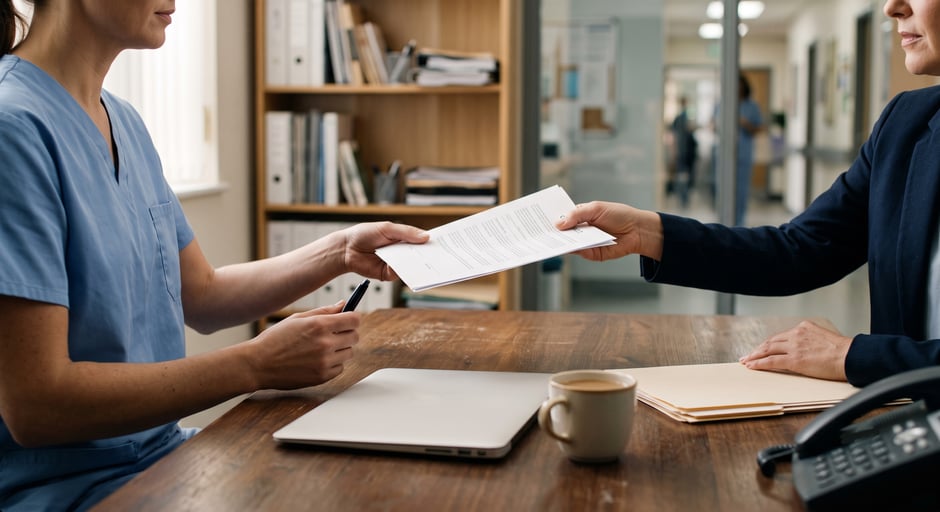 Healthcare staff member taking a business contract across a desk in a medical office