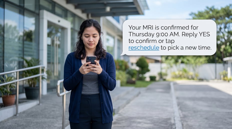 A patient receives a secure MRI appointment confirmation text outside a medical building