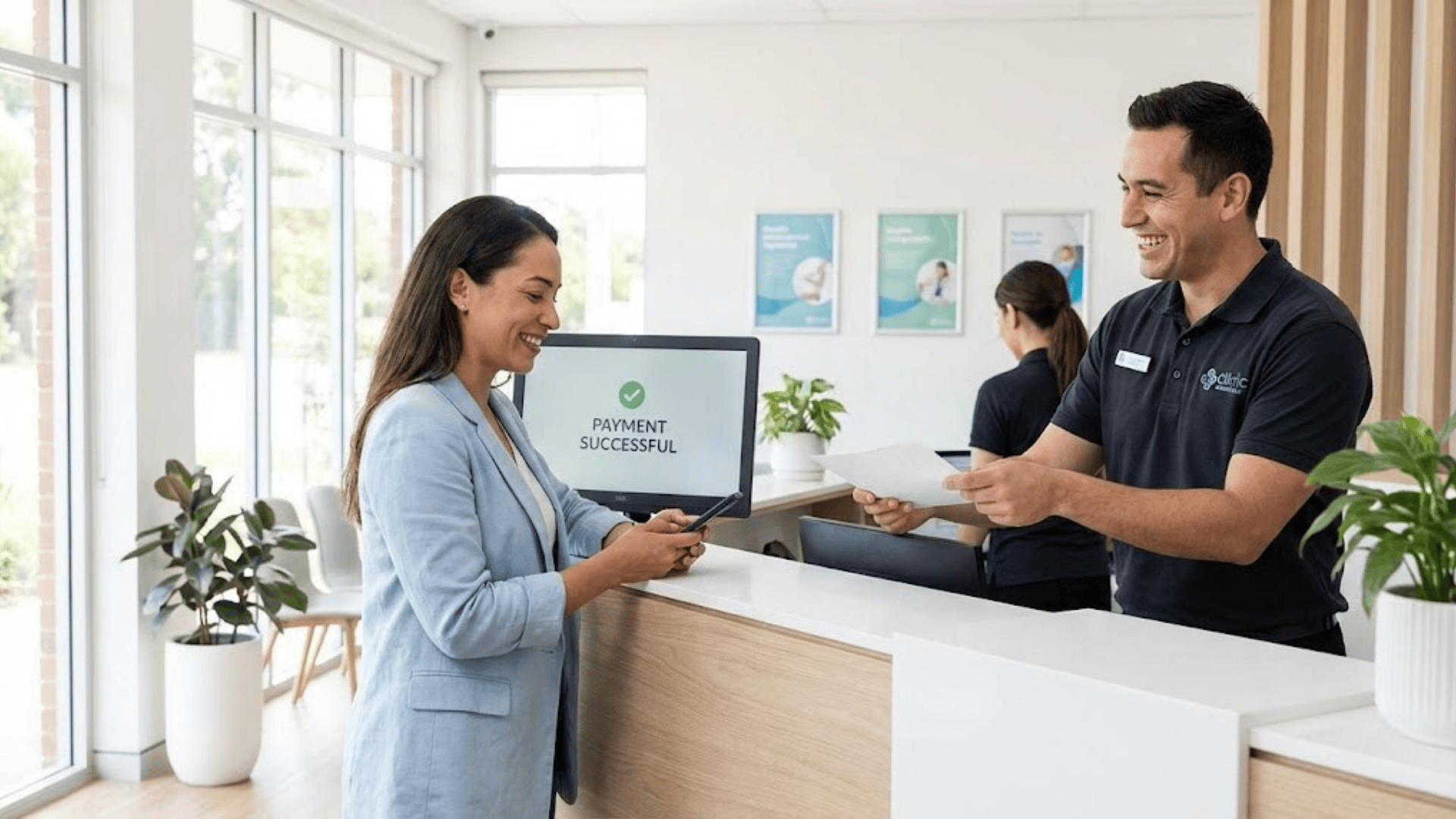 A smiling patient successfully paying a medical bill via mobile phone at the clinic front desk