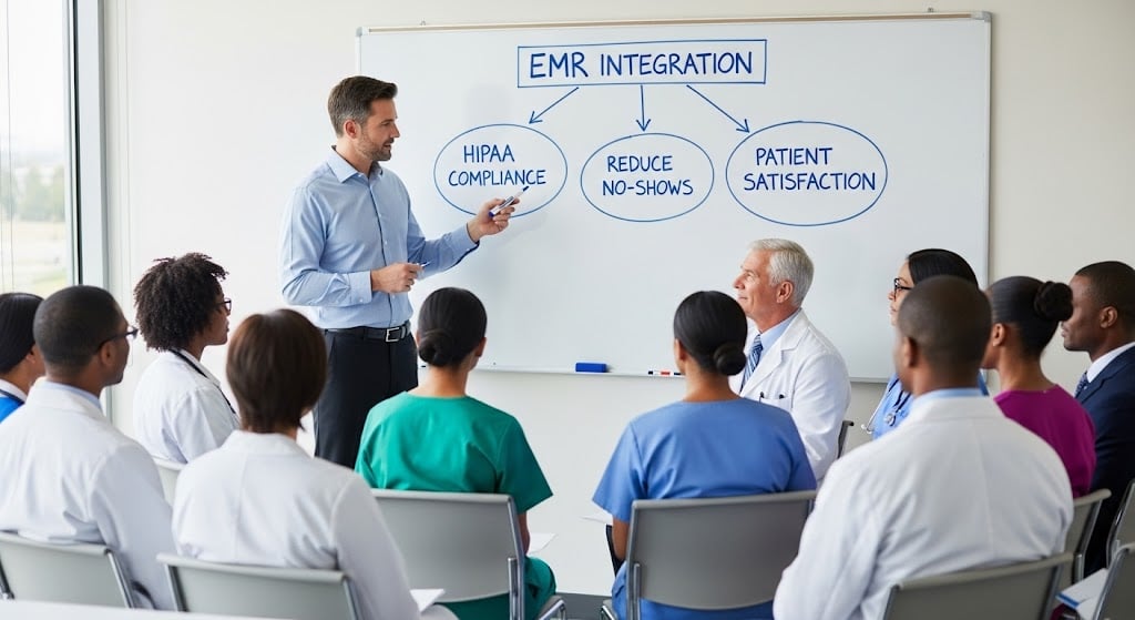 Professional discusses the importance of EMR integration to a healthcare medical practice group of people