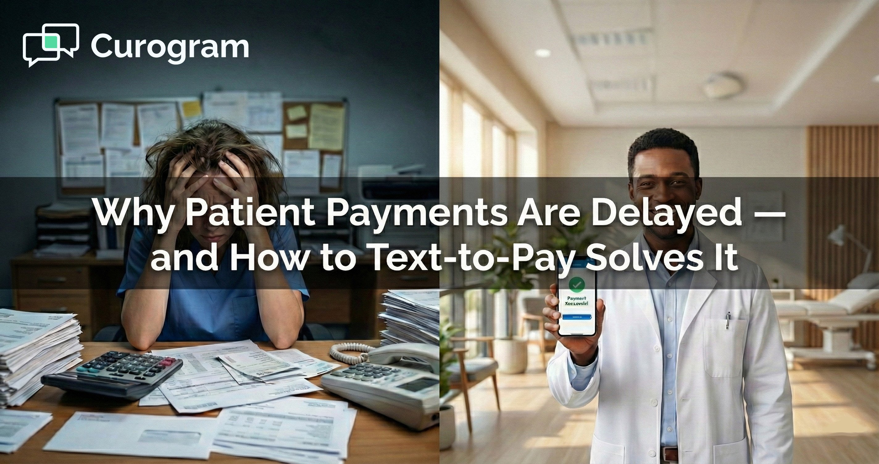 Split photo header contrasting stressed manual billing with a smiling doctor using text-to-pay