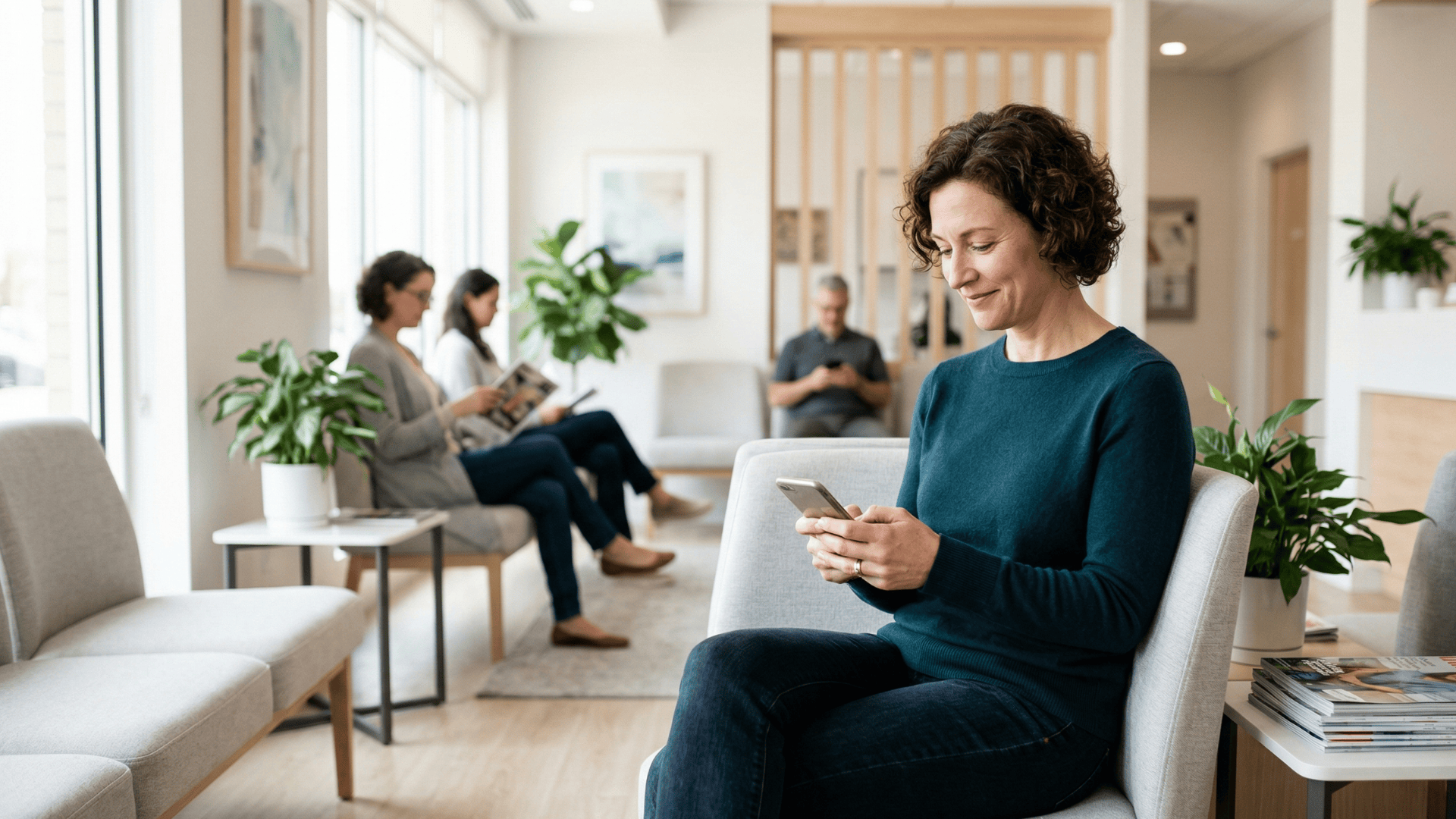 Patient confirming appointment reminder text in a modern medical waiting room
