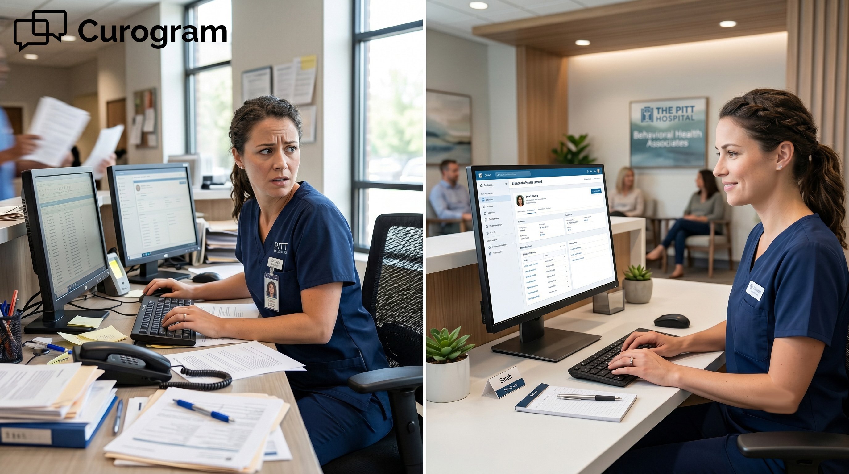 Split photo of stressed vs. efficient medical receptionist using clinical software