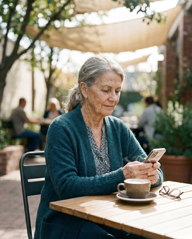 Elderly woman using a smartphone at an outdoor patio cafe