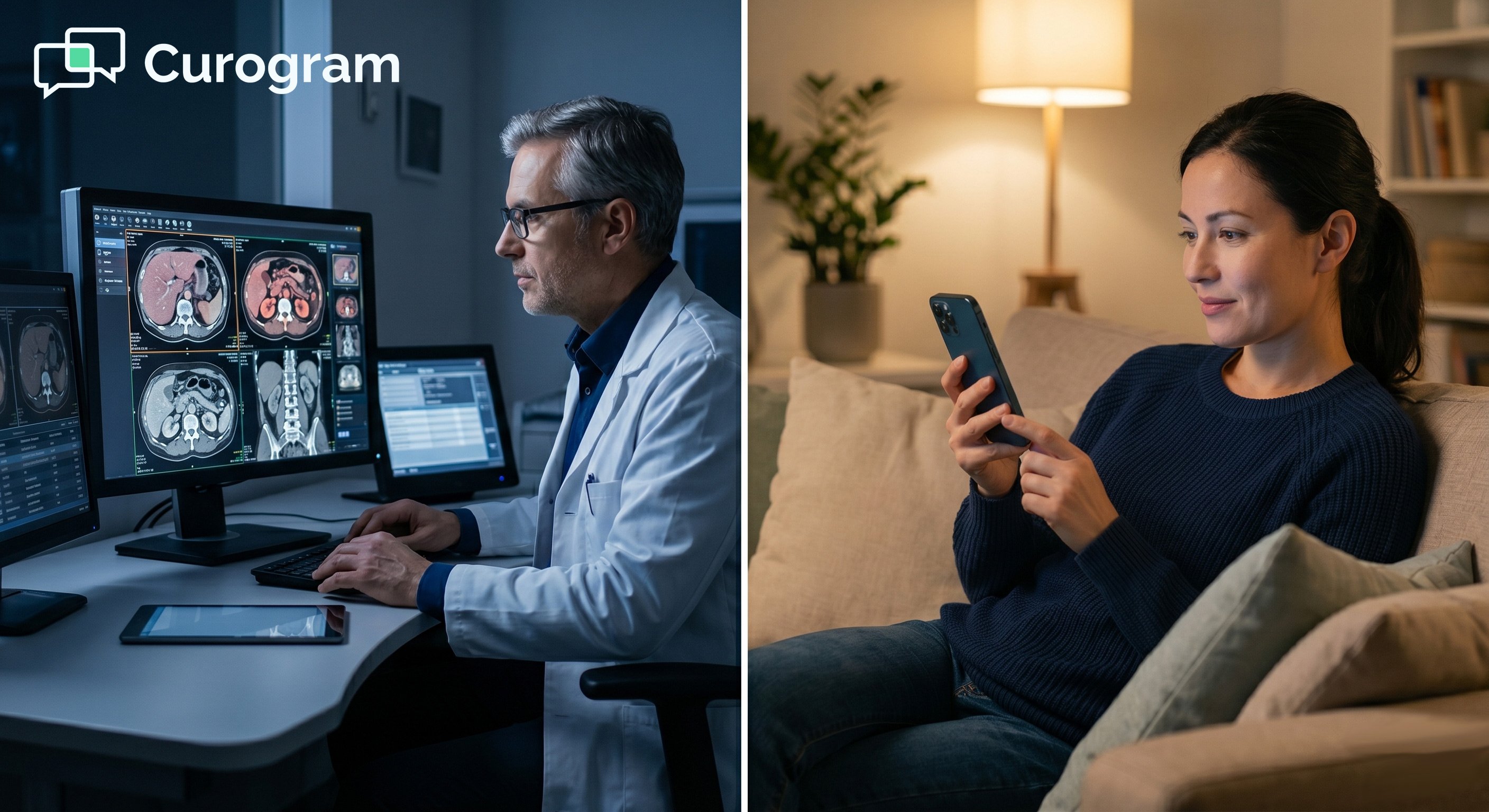 Radiologist reviewing CT scans while patient receives results on her smartphone