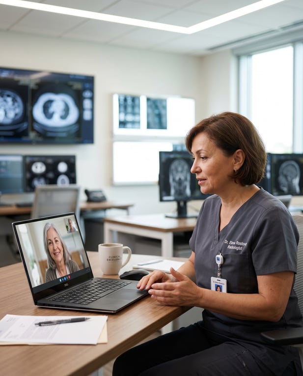 Radiologist discussing imaging results during a virtual consultation