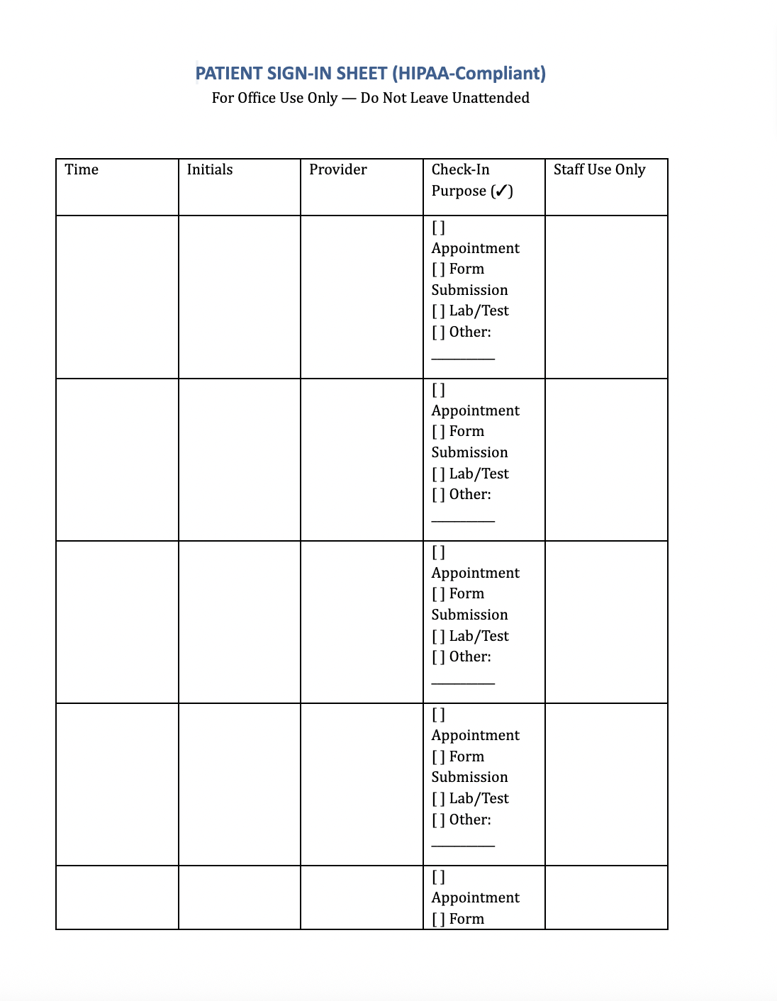 Patient Sign In Sheet Printable